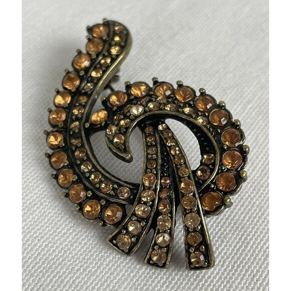 Vintage Gold Tone Swirl Brooch Amber Rhinestones Statement - Picture 2 of 7